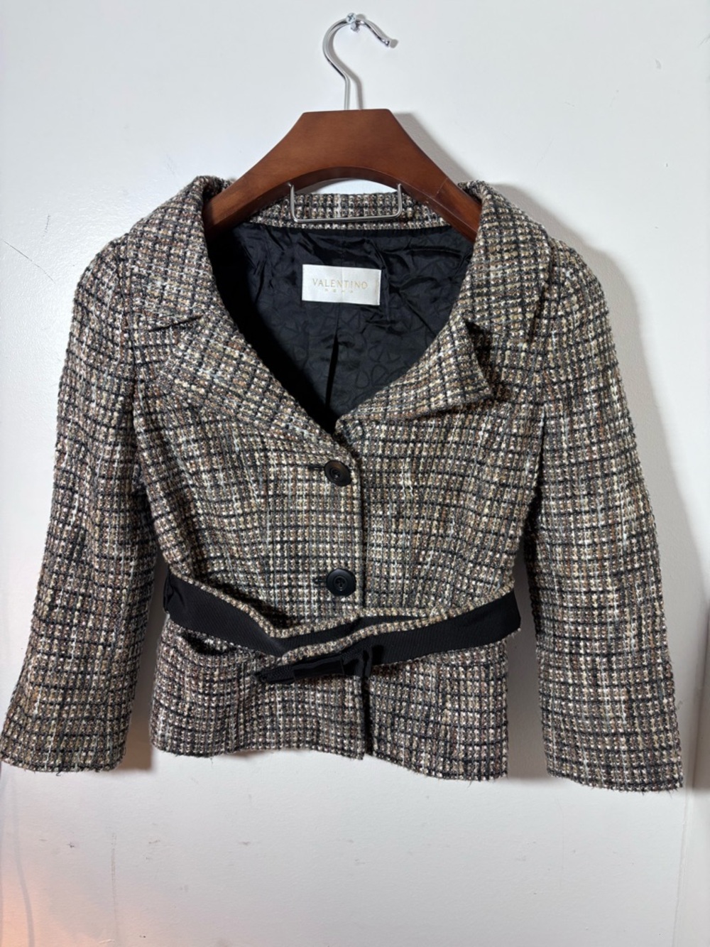 Valentino Cropped Tweed Blazer in Black, Brown & Cream